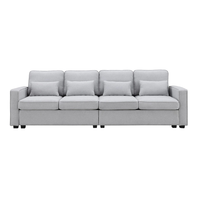 Canapé 4 places en tissu de lin moderne avec poches accoudoirs – Gris clair / Beige / Gris foncé
