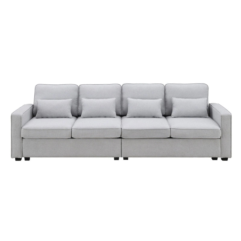 Canapé 4 places en tissu de lin moderne avec poches accoudoirs – Gris clair / Beige / Gris foncé