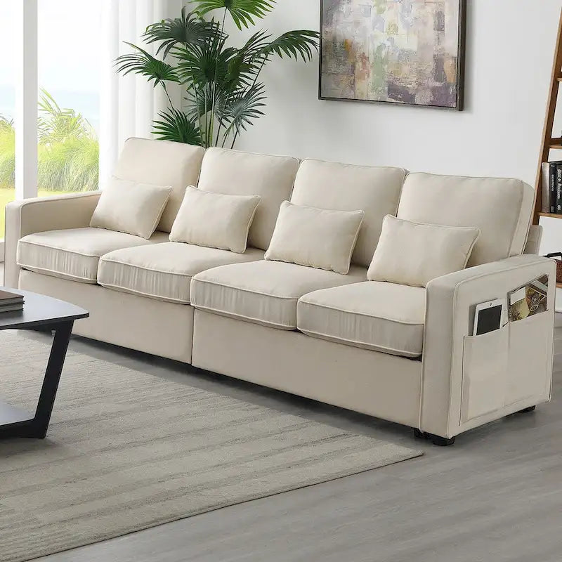 Canapé 4 places en tissu de lin moderne avec poches accoudoirs – Gris clair / Beige / Gris foncé