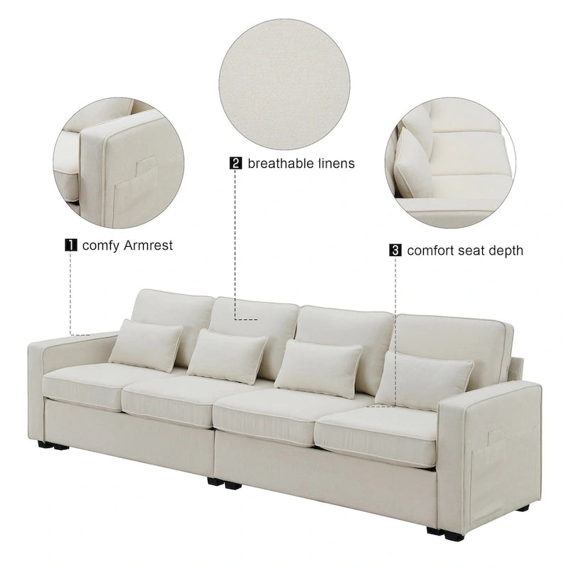 Canapé 4 places en tissu de lin moderne avec poches accoudoirs – Gris clair / Beige / Gris foncé