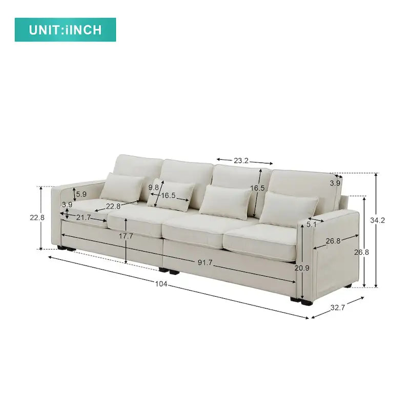 Canapé 4 places en tissu de lin moderne avec poches accoudoirs – Gris clair / Beige / Gris foncé