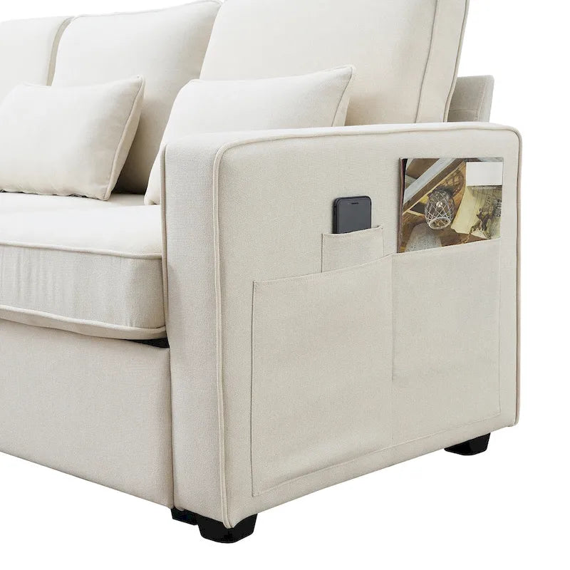 Canapé 4 places en tissu de lin moderne avec poches accoudoirs – Gris clair / Beige / Gris foncé