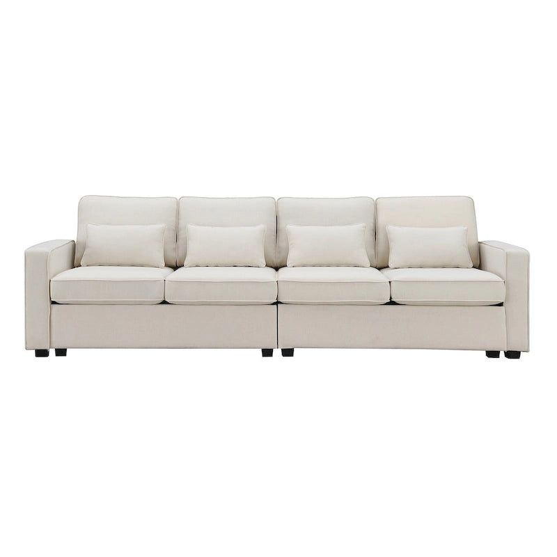 Canapé 4 places en tissu de lin moderne avec poches accoudoirs – Gris clair / Beige / Gris foncé
