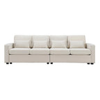 Canapé 4 places en tissu de lin moderne avec poches accoudoirs – Gris clair / Beige / Gris foncé