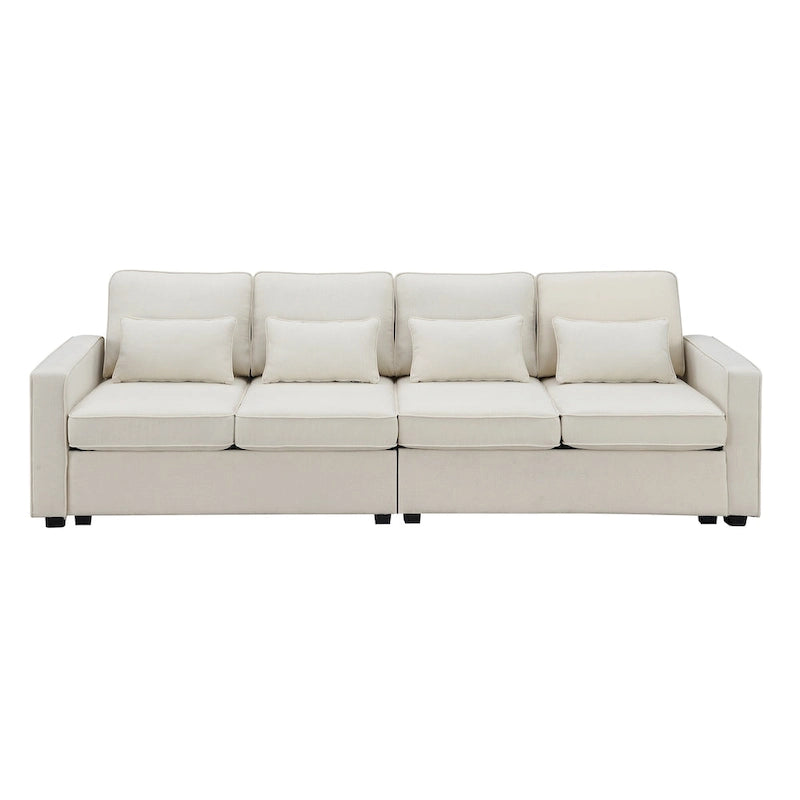 Canapé 4 places en tissu de lin moderne avec poches accoudoirs – Gris clair / Beige / Gris foncé