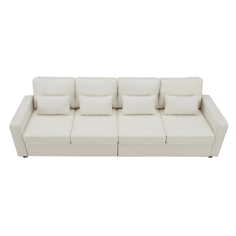Canapé 4 places en tissu de lin moderne avec poches accoudoirs – Gris clair / Beige / Gris foncé