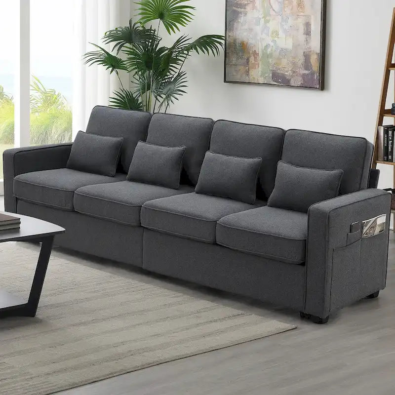Canapé 4 places en tissu de lin moderne avec poches accoudoirs – Gris clair / Beige / Gris foncé