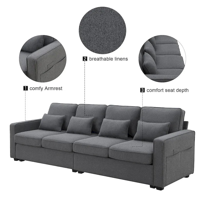 Canapé 4 places en tissu de lin moderne avec poches accoudoirs – Gris clair / Beige / Gris foncé