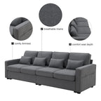 Canapé 4 places en tissu de lin moderne avec poches accoudoirs – Gris clair / Beige / Gris foncé