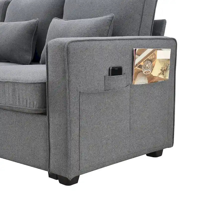 Canapé 4 places en tissu de lin moderne avec poches accoudoirs – Gris clair / Beige / Gris foncé
