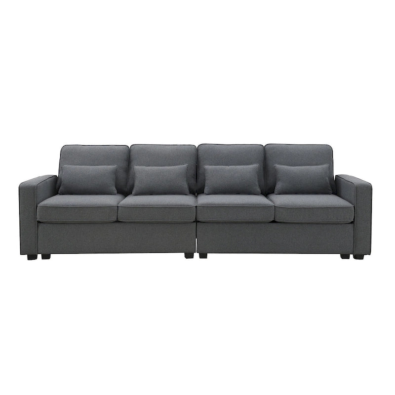 Canapé 4 places en tissu de lin moderne avec poches accoudoirs – Gris clair / Beige / Gris foncé