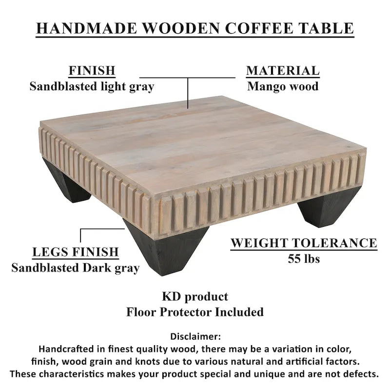 Table basse carrée en bois de manguier gris – Faite à la main, 2 places
