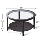Table basse ronde noire en verre avec étagère de rangement, 2 niveaux