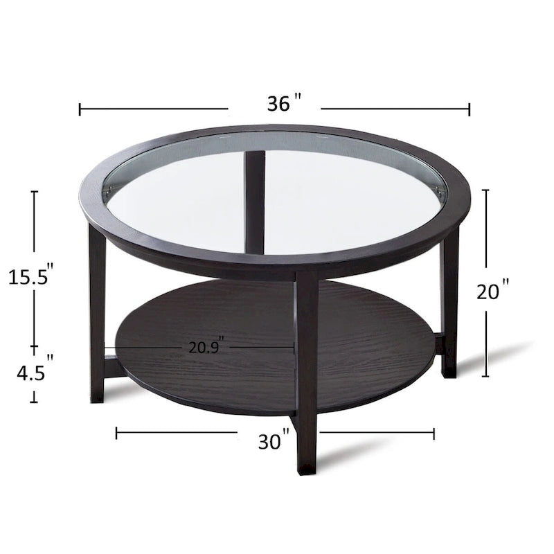 Table basse ronde noire en verre avec étagère de rangement, 2 niveaux