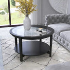 Table basse ronde noire en verre avec étagère de rangement, 2 niveaux