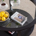 Table basse ronde noire en verre avec étagère de rangement, 2 niveaux