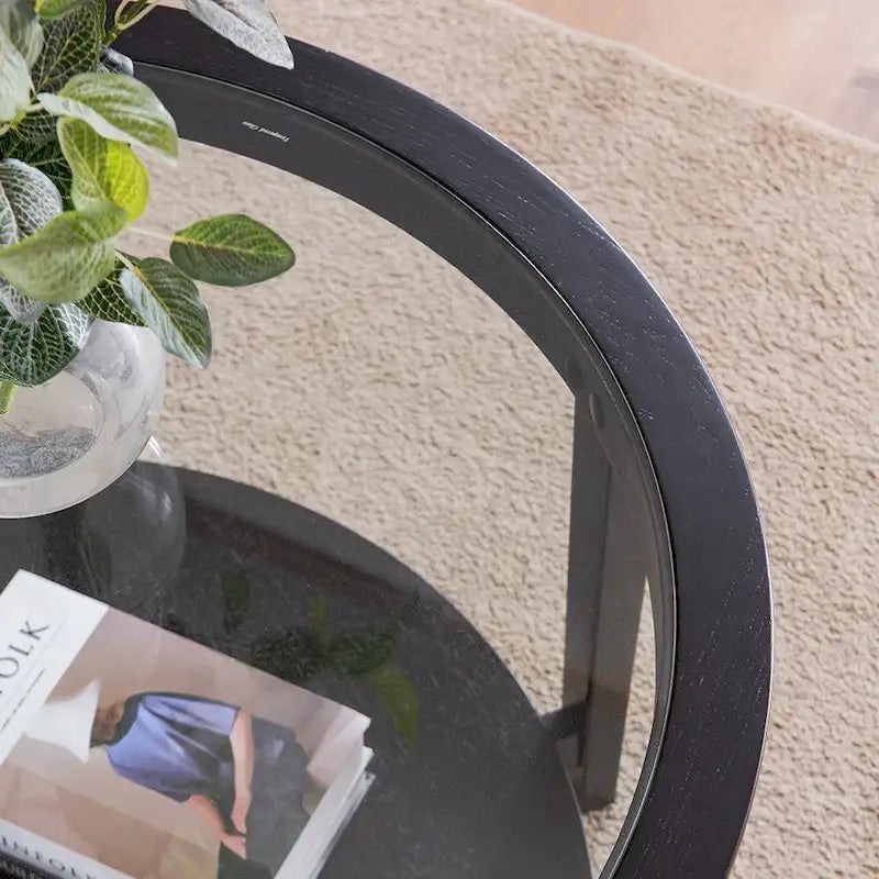 Table basse ronde noire en verre avec étagère de rangement, 2 niveaux