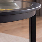 Table basse ronde noire en verre avec étagère de rangement, 2 niveaux