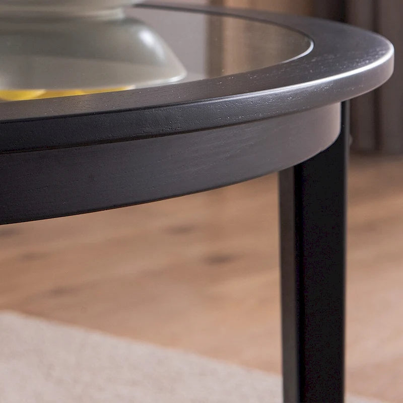 Table basse ronde noire en verre avec étagère de rangement, 2 niveaux