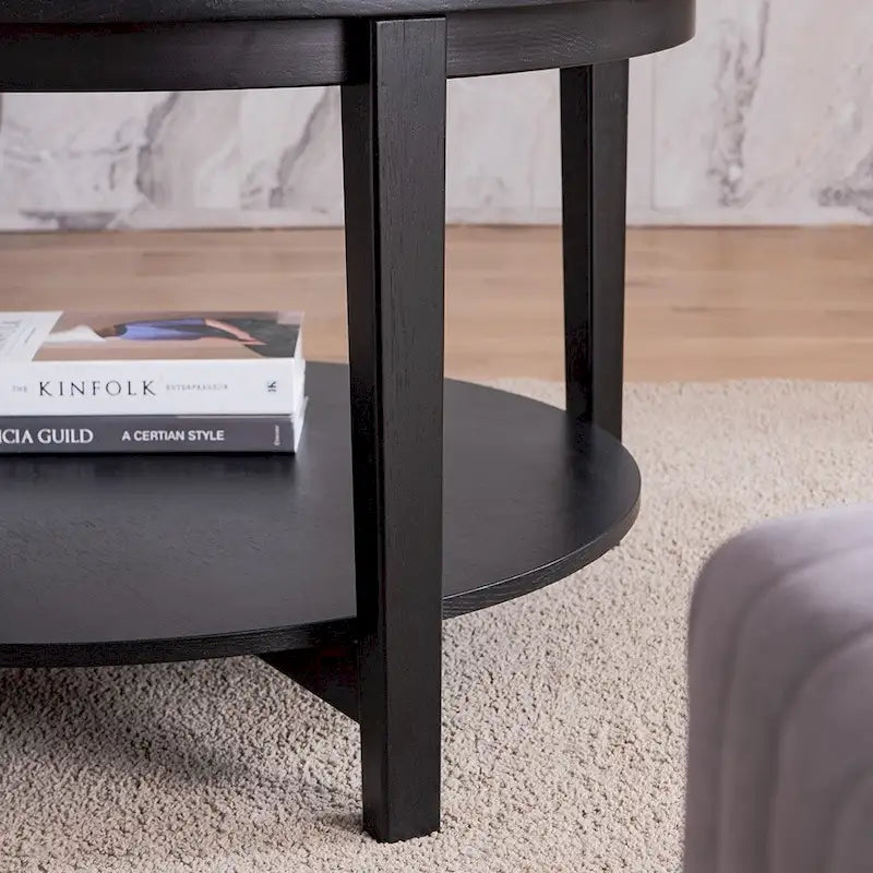 Table basse ronde noire en verre avec étagère de rangement, 2 niveaux