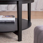 Table basse ronde noire en verre avec étagère de rangement, 2 niveaux