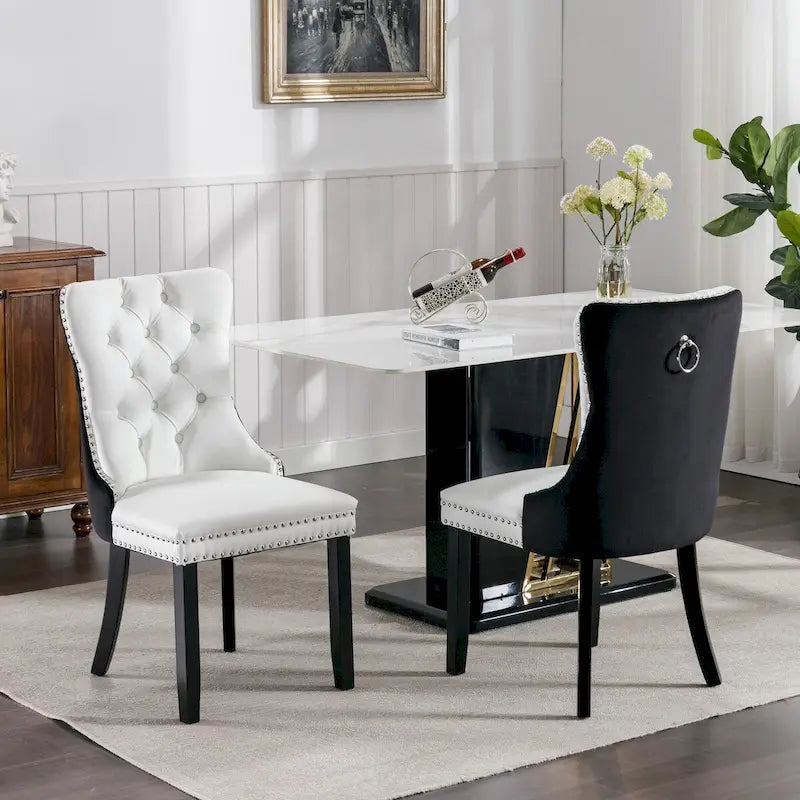 Chaise de salle à manger capitonnée en similicuir et velours avec garniture cloutée, lot de 2