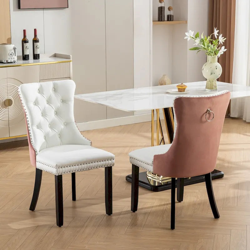 Chaise de salle à manger capitonnée en similicuir et velours avec garniture cloutée, lot de 2