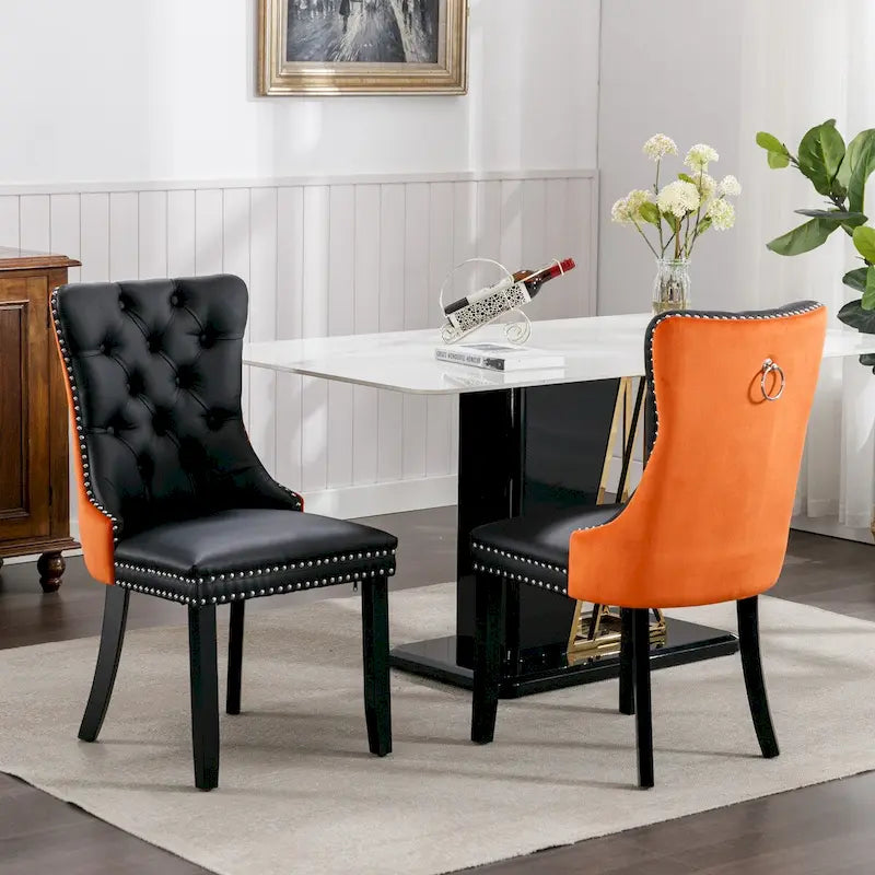 Chaise de salle à manger capitonnée en similicuir et velours avec garniture cloutée, lot de 2