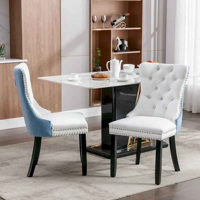 Chaise de salle à manger capitonnée en similicuir et velours avec garniture cloutée, lot de 2