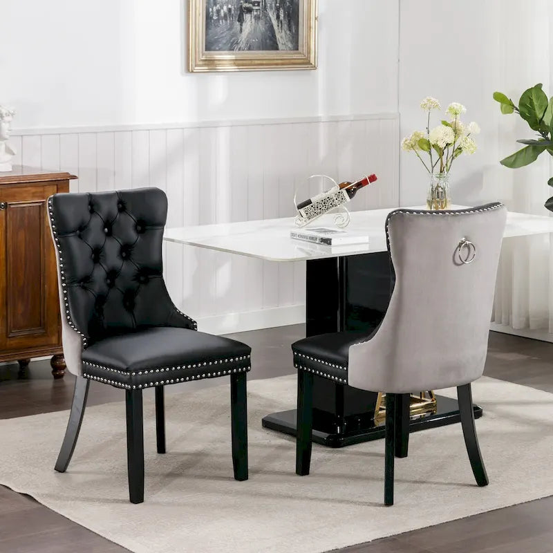 Chaise de salle à manger capitonnée en similicuir et velours avec garniture cloutée, lot de 2