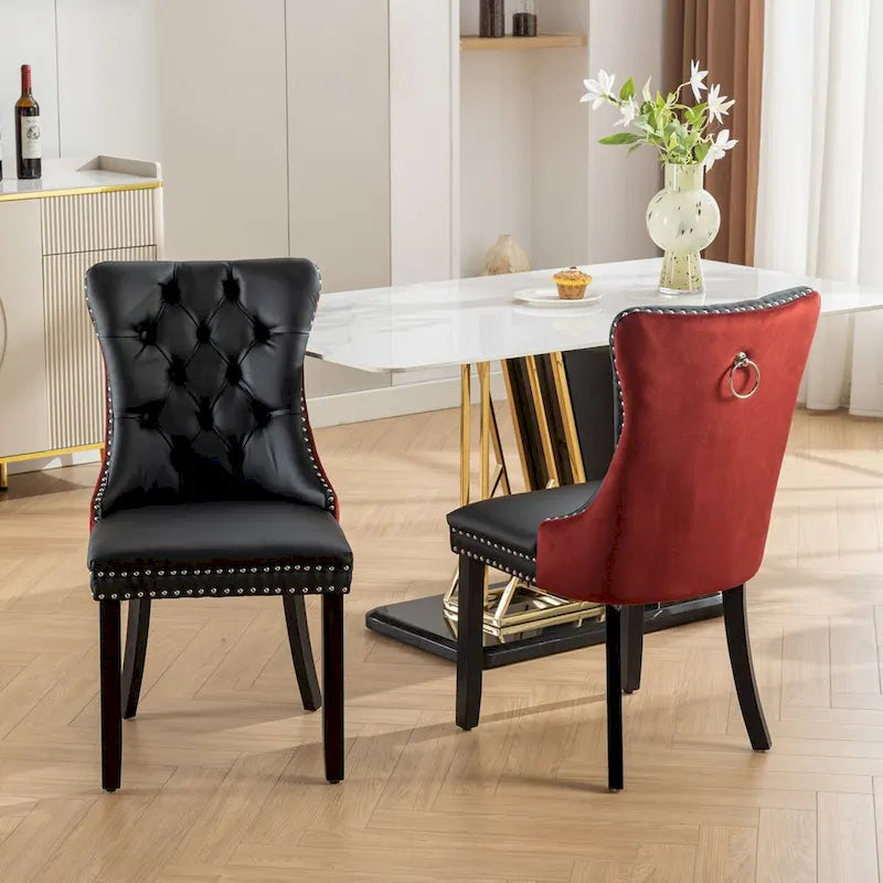 Chaise de salle à manger capitonnée en similicuir et velours avec garniture cloutée, lot de 2