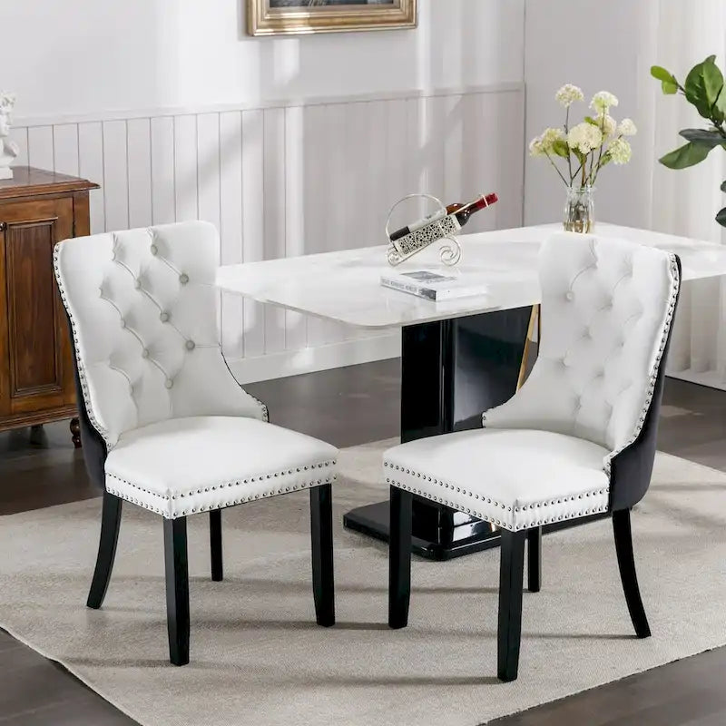 Chaise de salle à manger capitonnée en similicuir et velours avec garniture cloutée, lot de 2