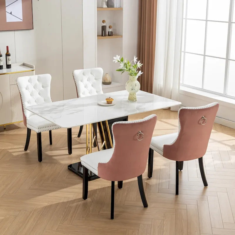Chaise de salle à manger capitonnée en similicuir et velours avec garniture cloutée, lot de 2