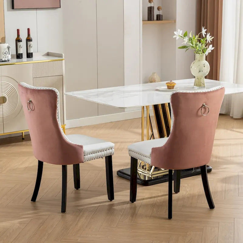 Chaise de salle à manger capitonnée en similicuir et velours avec garniture cloutée, lot de 2