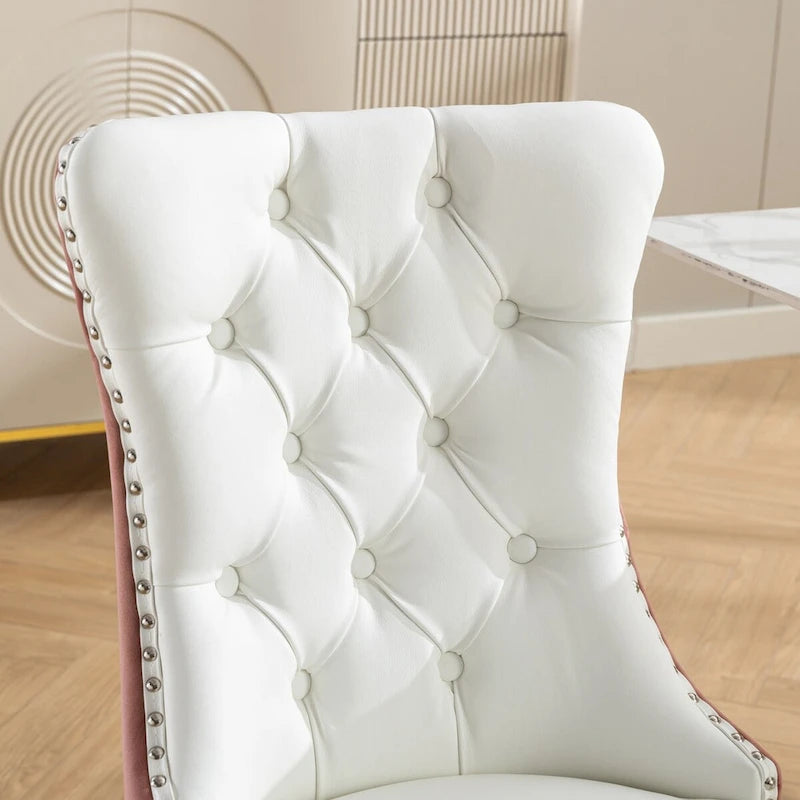 Chaise de salle à manger capitonnée en similicuir et velours avec garniture cloutée, lot de 2