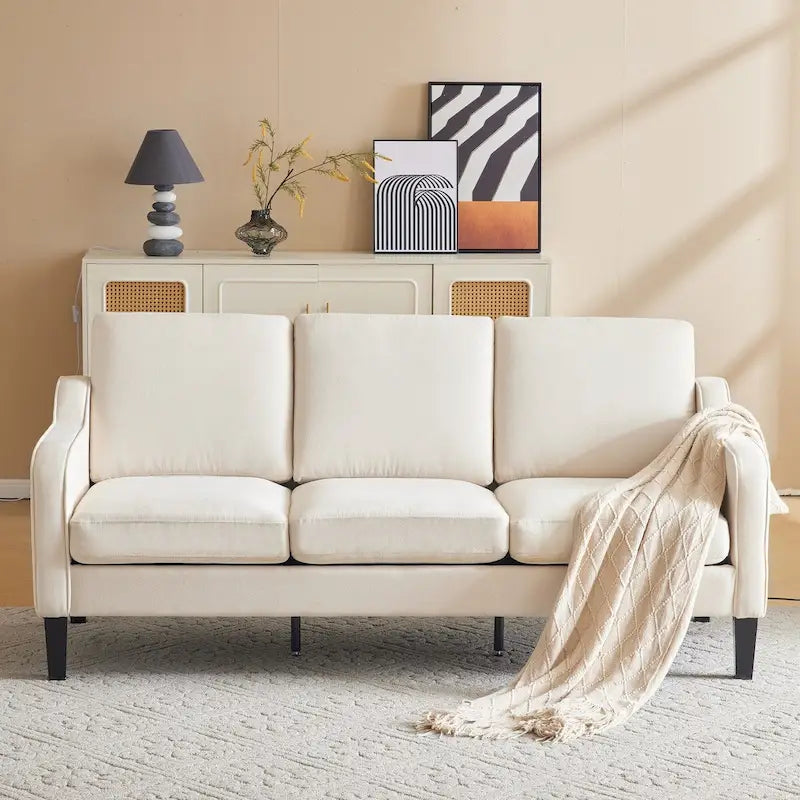Canapé 3 places en tissu beige/gris, 72" moderne avec pieds en bois et métal