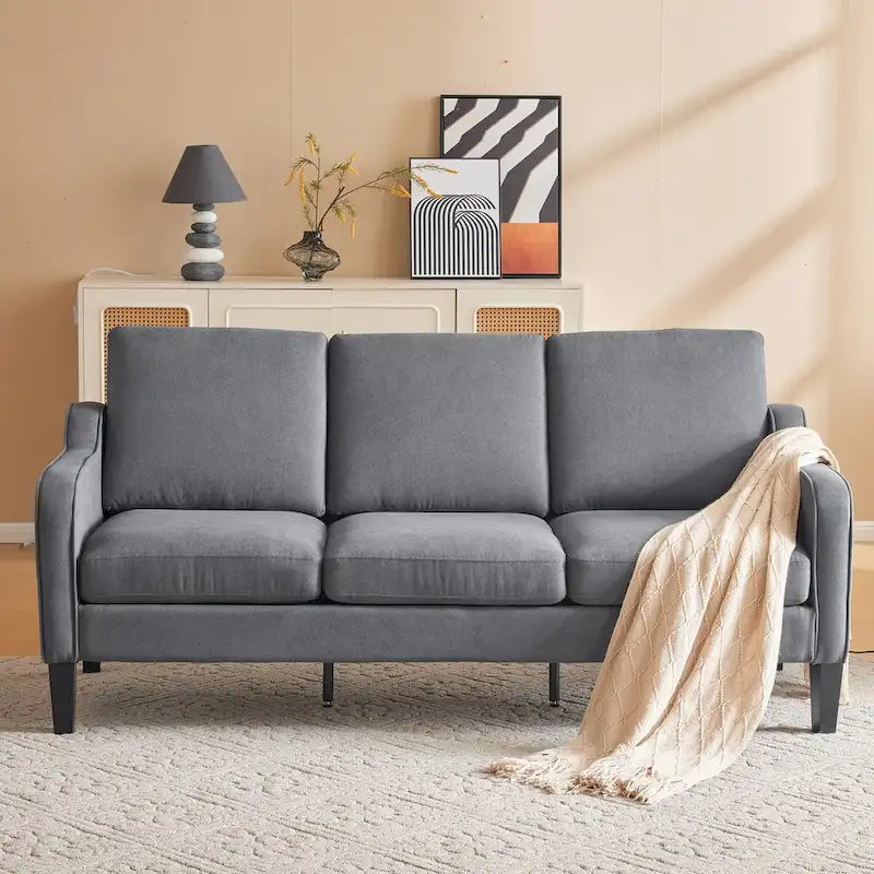 Canapé 3 places en tissu beige/gris, 72" moderne avec pieds en bois et métal