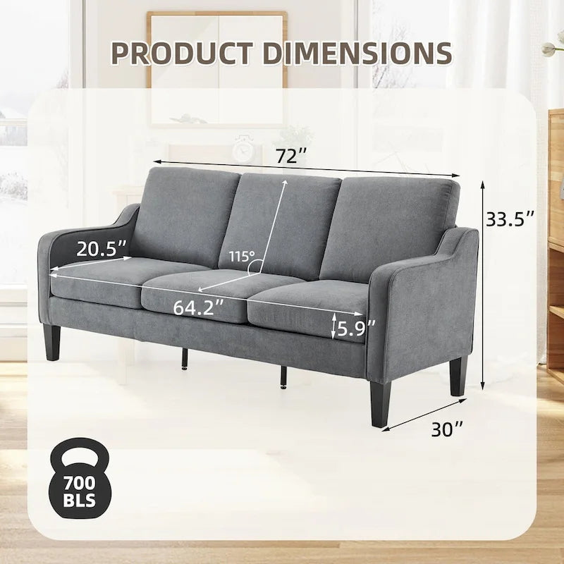 Canapé 3 places en tissu beige/gris, 72" moderne avec pieds en bois et métal