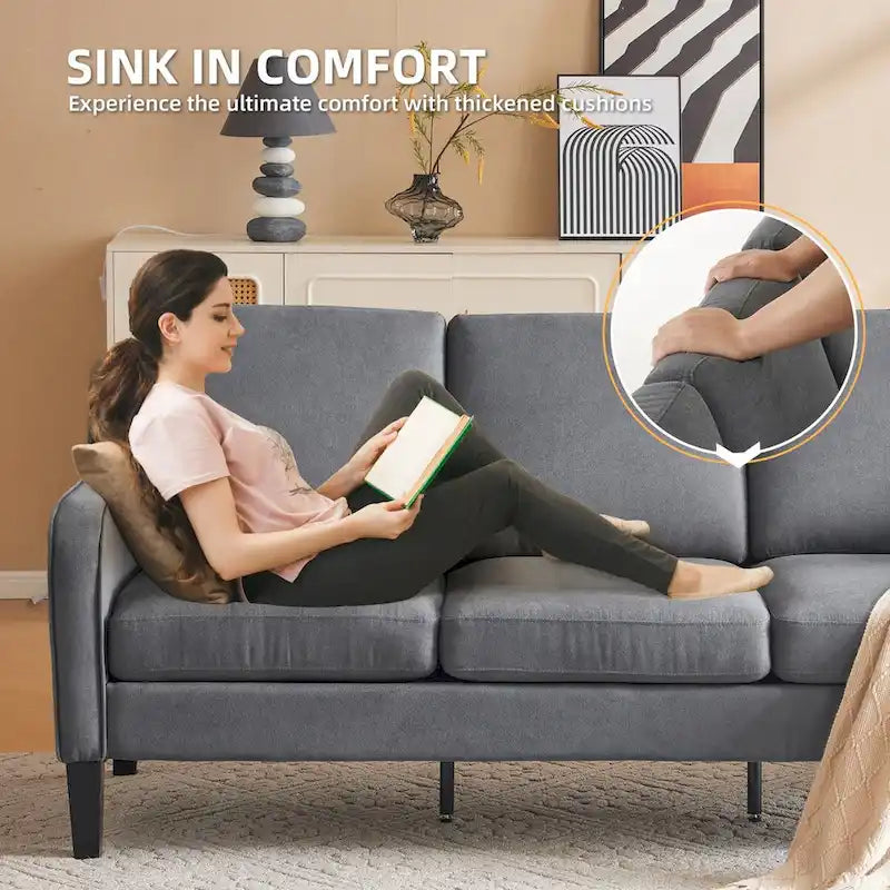 Canapé 3 places en tissu beige/gris, 72" moderne avec pieds en bois et métal