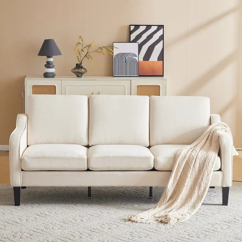 Canapé 3 places en tissu beige/gris, 72" moderne avec pieds en bois et métal