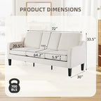 Canapé 3 places en tissu beige/gris, 72" moderne avec pieds en bois et métal
