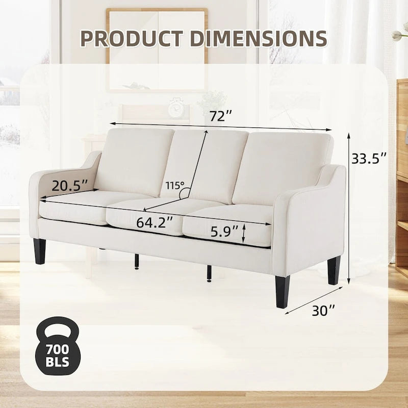Canapé 3 places en tissu beige/gris, 72" moderne avec pieds en bois et métal