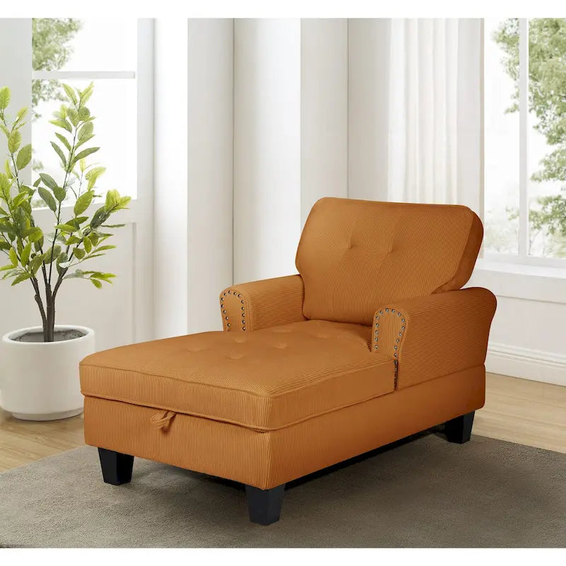 Chaise longue et banc de rangement en velours côtelé marron/beige – Modèle 2-en-1, une place