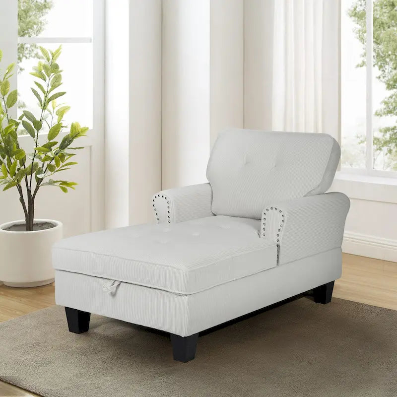 Chaise longue et banc de rangement en velours côtelé marron/beige – Modèle 2-en-1, une place