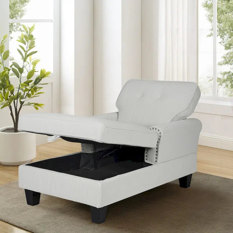 Chaise longue et banc de rangement en velours côtelé marron/beige – Modèle 2-en-1, une place
