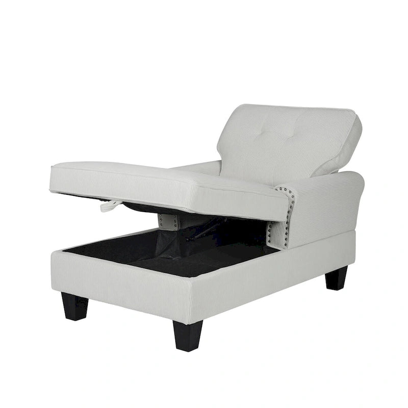 Chaise longue et banc de rangement en velours côtelé marron/beige – Modèle 2-en-1, une place