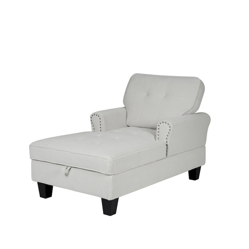 Chaise longue et banc de rangement en velours côtelé marron/beige – Modèle 2-en-1, une place