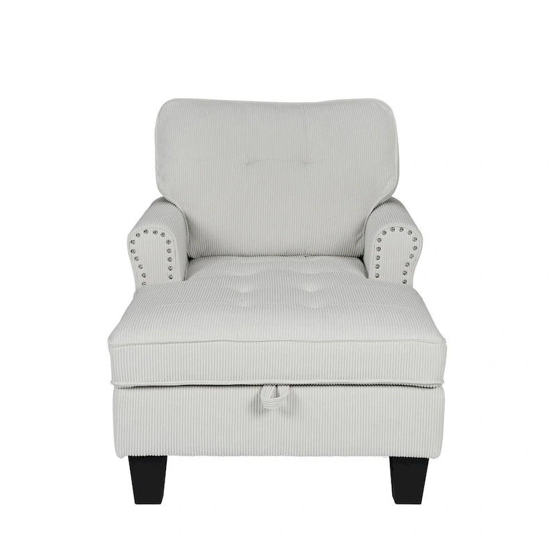 Chaise longue et banc de rangement en velours côtelé marron/beige – Modèle 2-en-1, une place