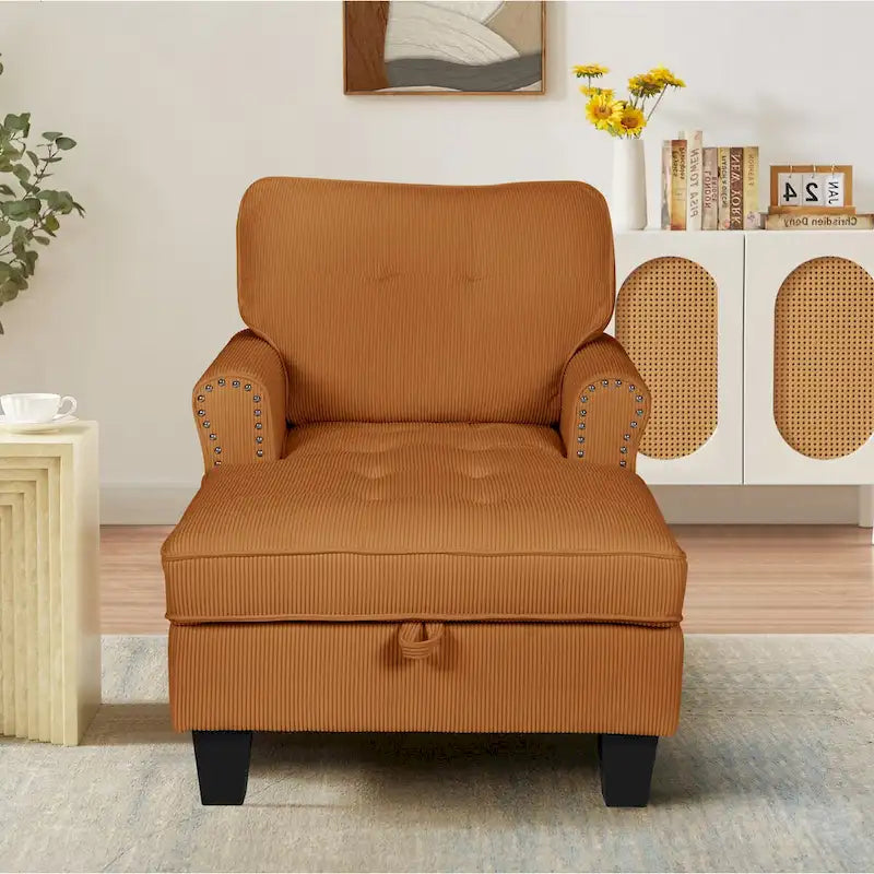 Chaise longue et banc de rangement en velours côtelé marron/beige – Modèle 2-en-1, une place