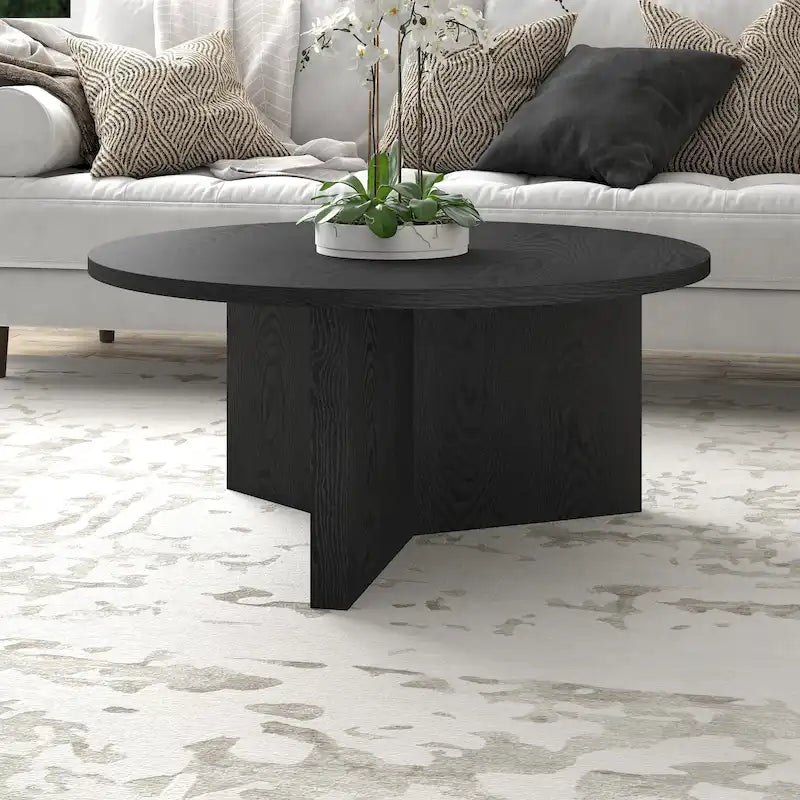 Table basse ronde, grain noir / chêne gris vieilli / aulne blanc, piètement en X, pour 1 personne